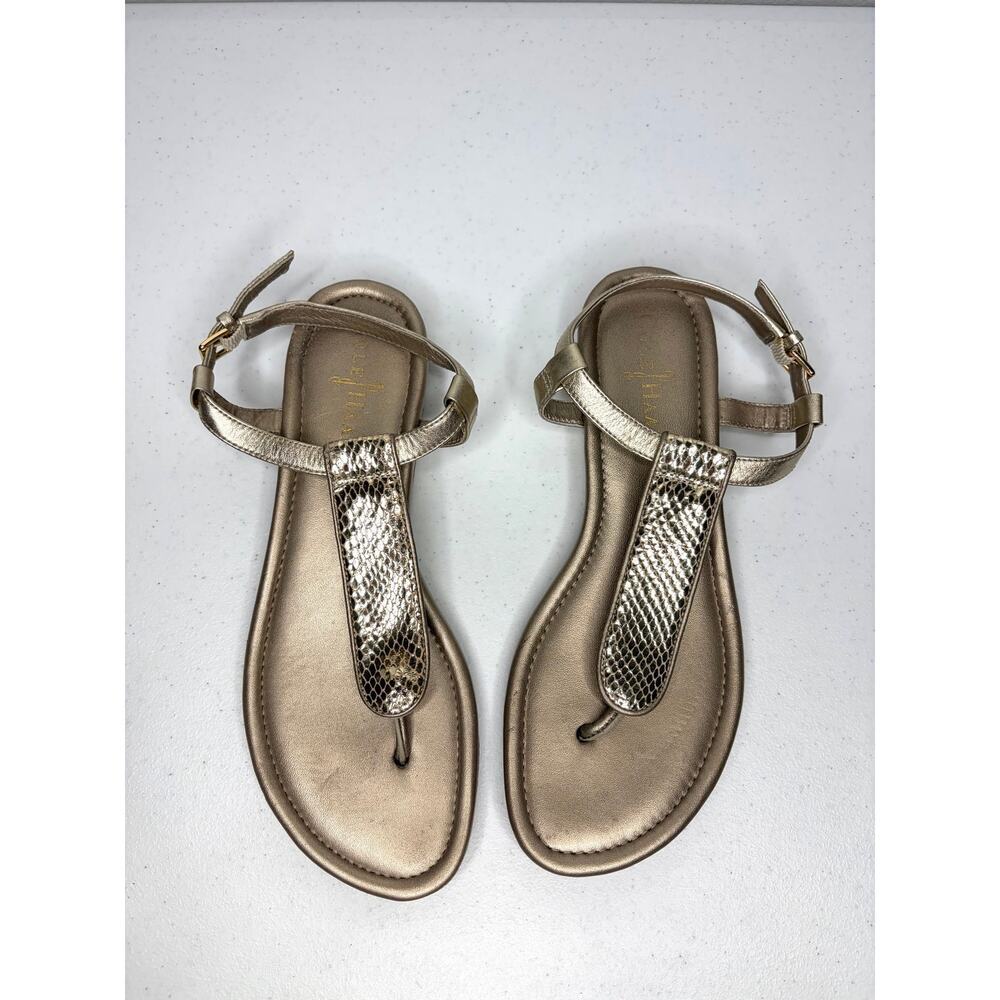 Cole Haan Molly Flat Thong Snakeskin Sandals Sz 7B Gold Metallic Resort Glam